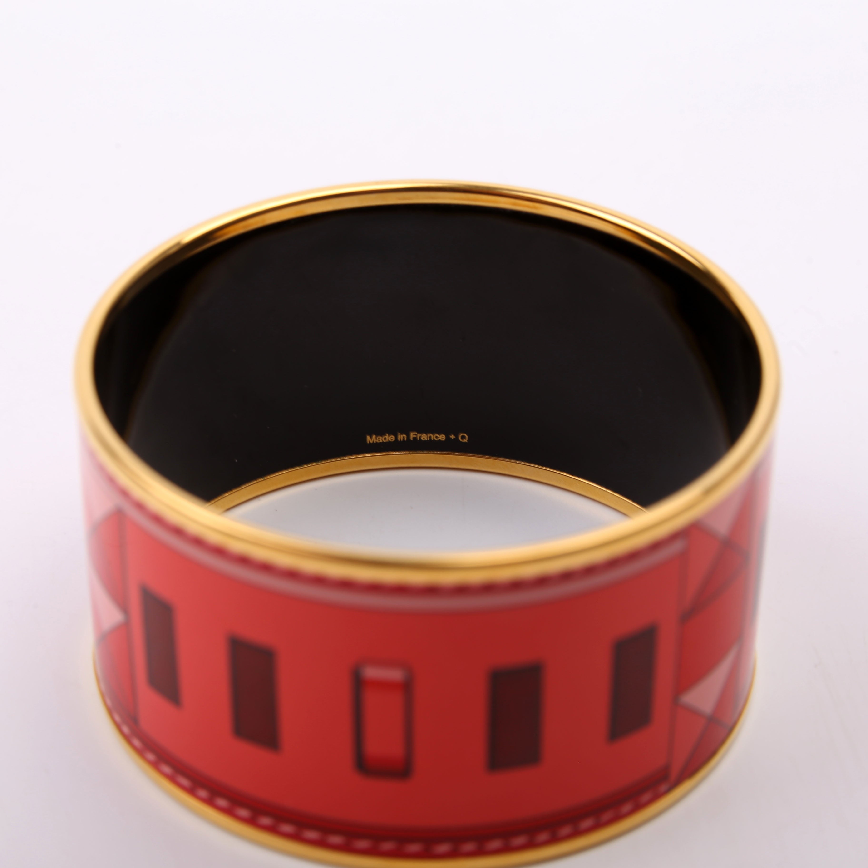 Hermes Printed Enamel Extra Wide Bangle Bracelet Gold/Red