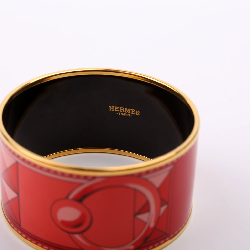 Hermes Printed Enamel Extra Wide Bangle Bracelet Gold/Red