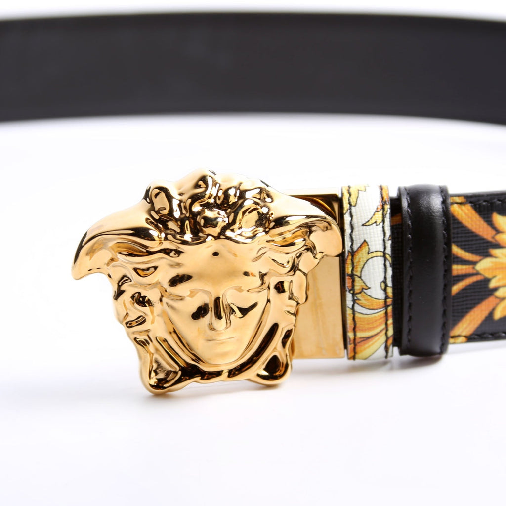 Medusa Reversible Barocco/Leather Belt Size 95/38 Black/Yellow