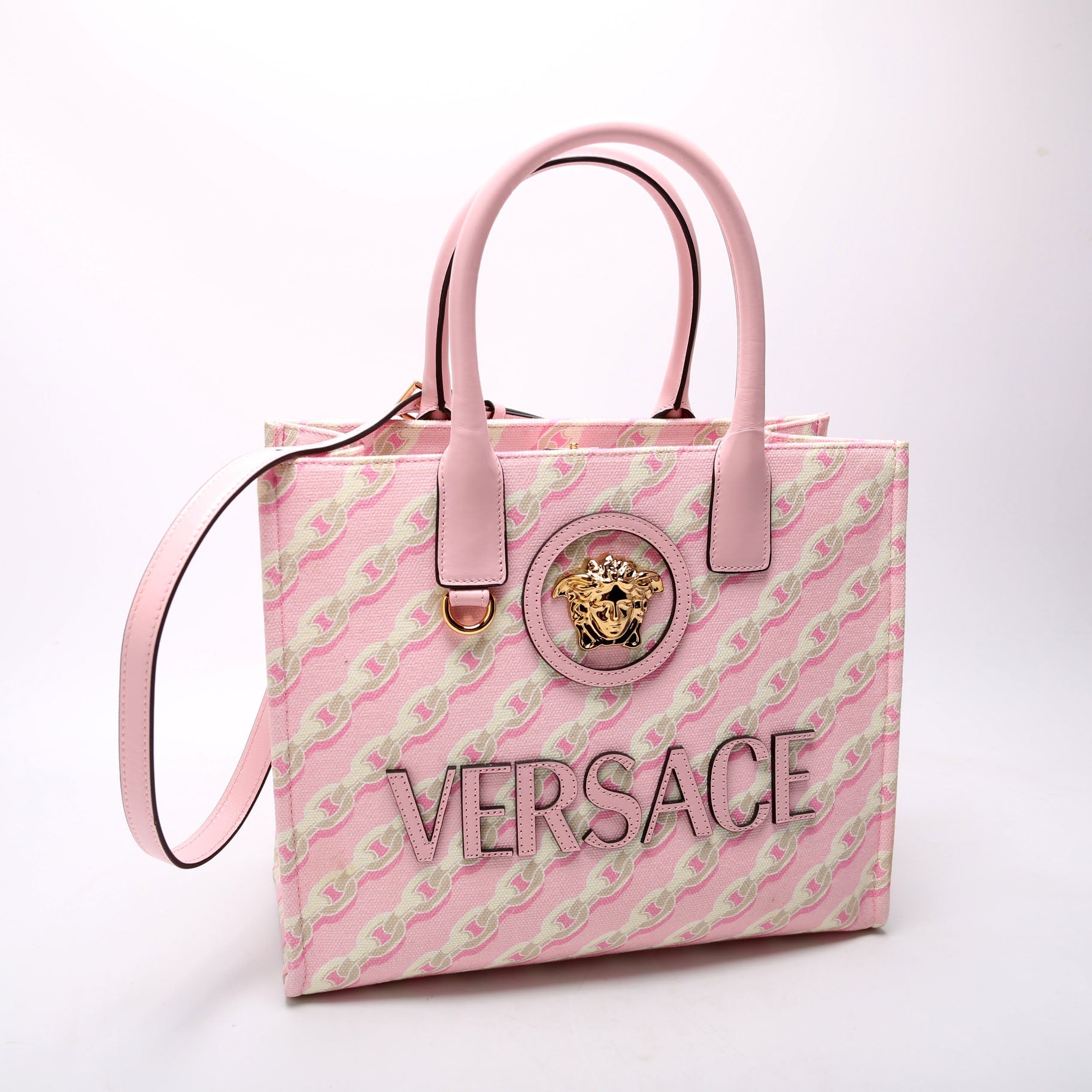 La Medusa Small Chain Print Canavs Tote Pink/Gray