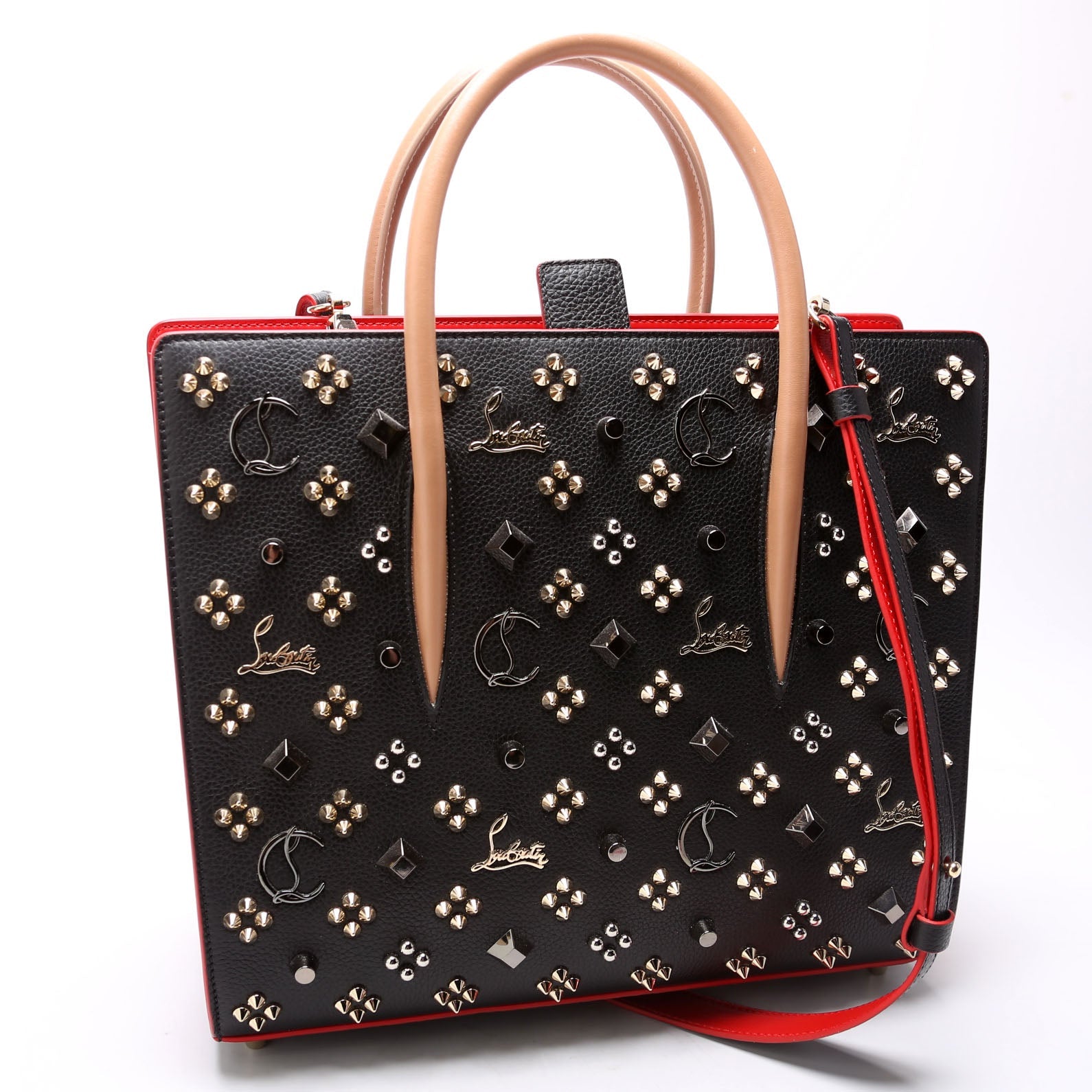 Paloma Medium Satchel Calfskin Spikes Black/Red/Nude