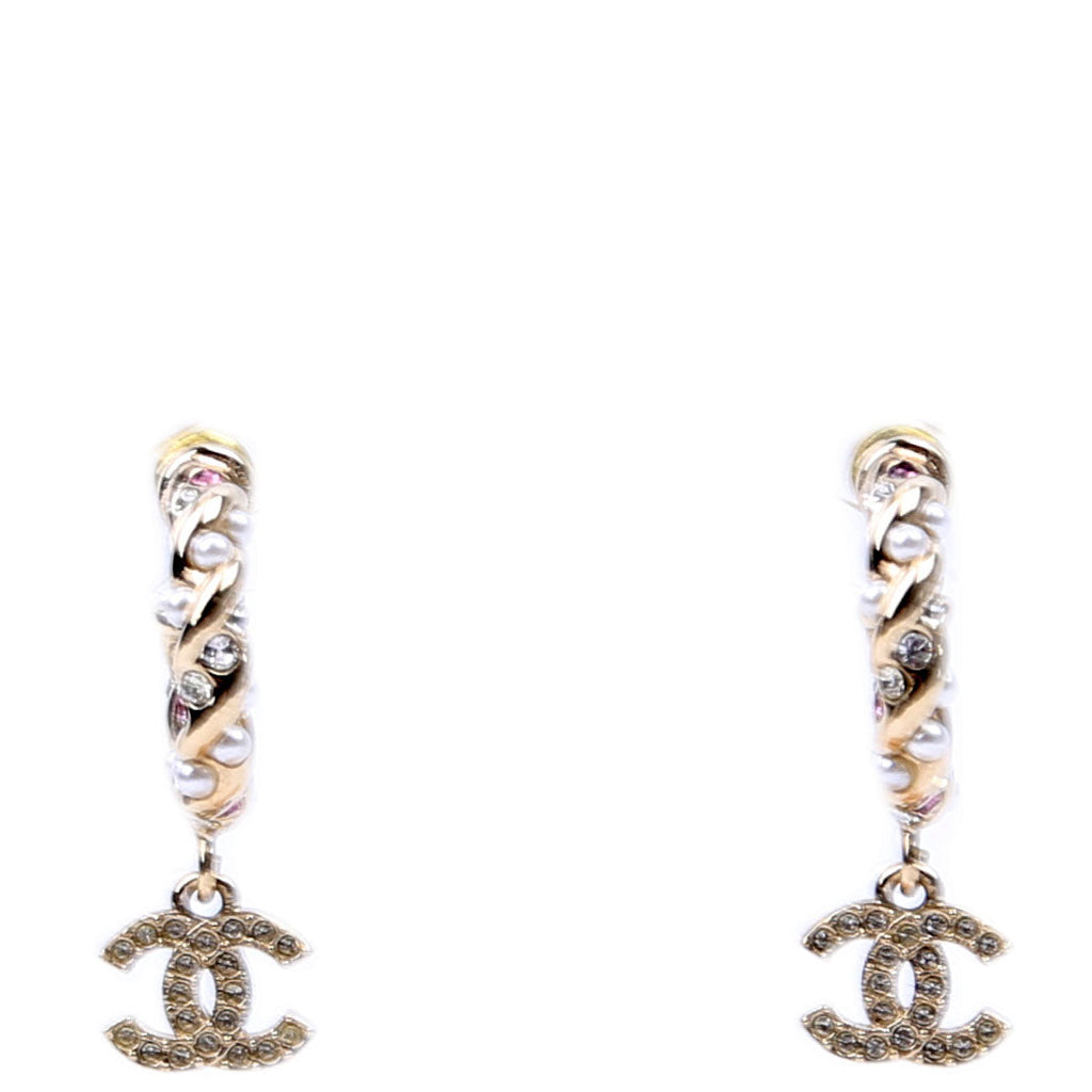 CC Crystal/Pearl Rope Small Hoop Earrings Gold/Pearl