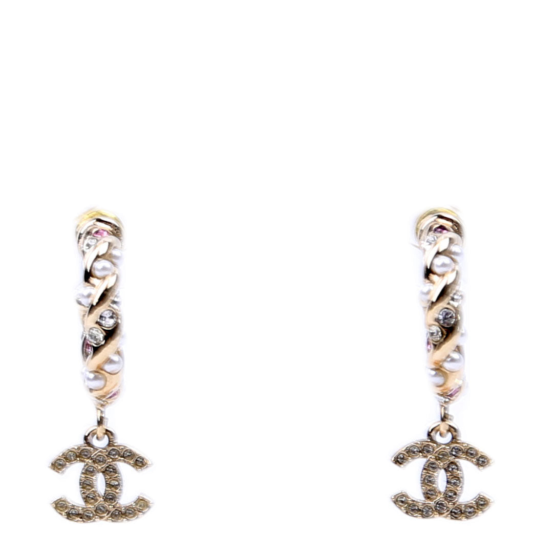 CC Crystal/Pearl Rope Small Hoop Earrings Gold/Pearl