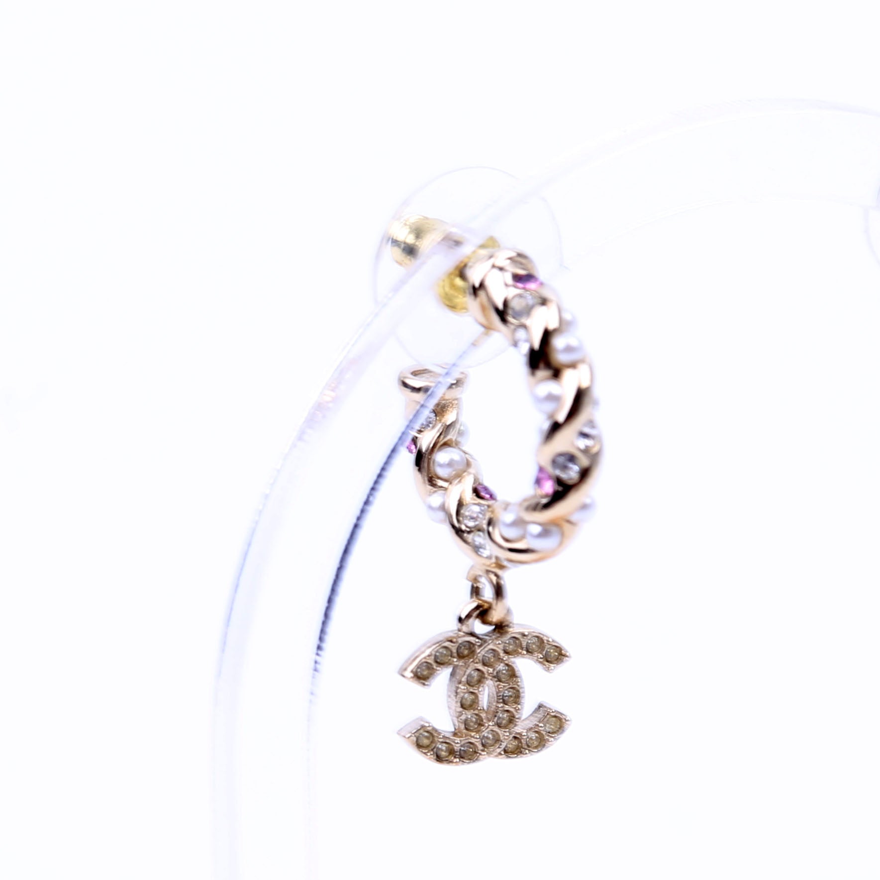 CC Crystal/Pearl Rope Small Hoop Earrings Gold/Pearl