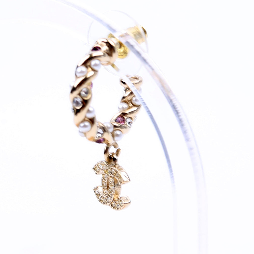 CC Crystal/Pearl Rope Small Hoop Earrings Gold/Pearl