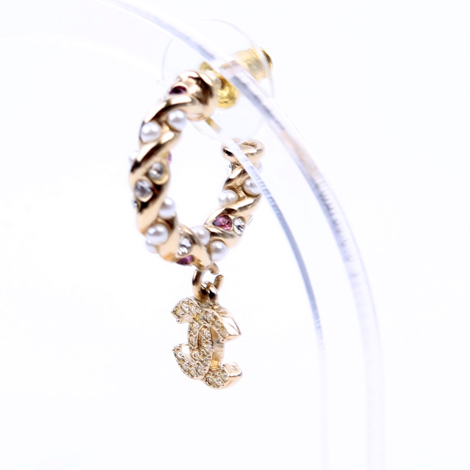 CC Crystal/Pearl Rope Small Hoop Earrings Gold/Pearl