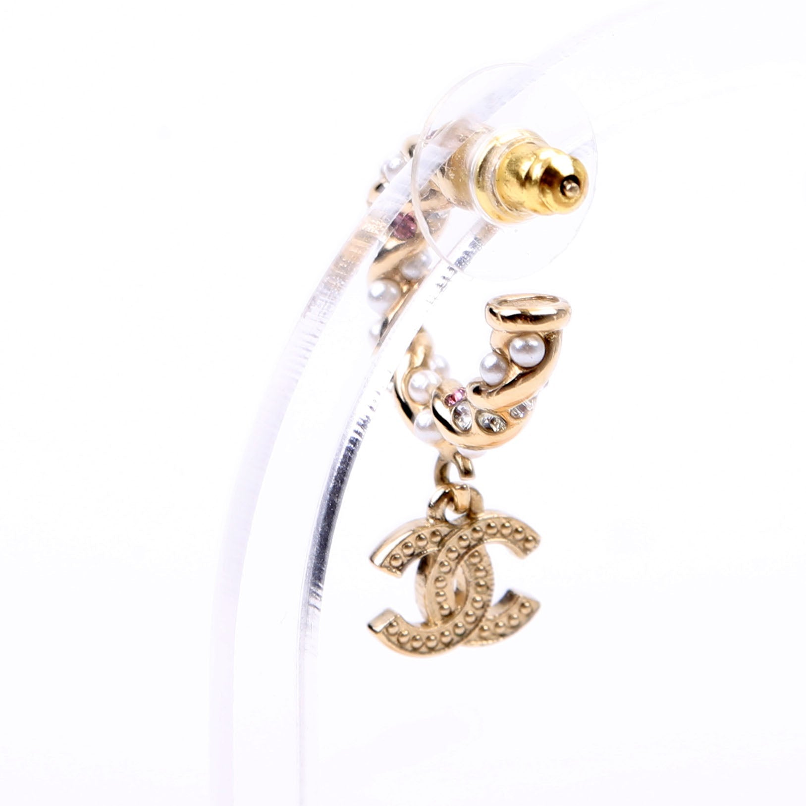 CC Crystal/Pearl Rope Small Hoop Earrings Gold/Pearl