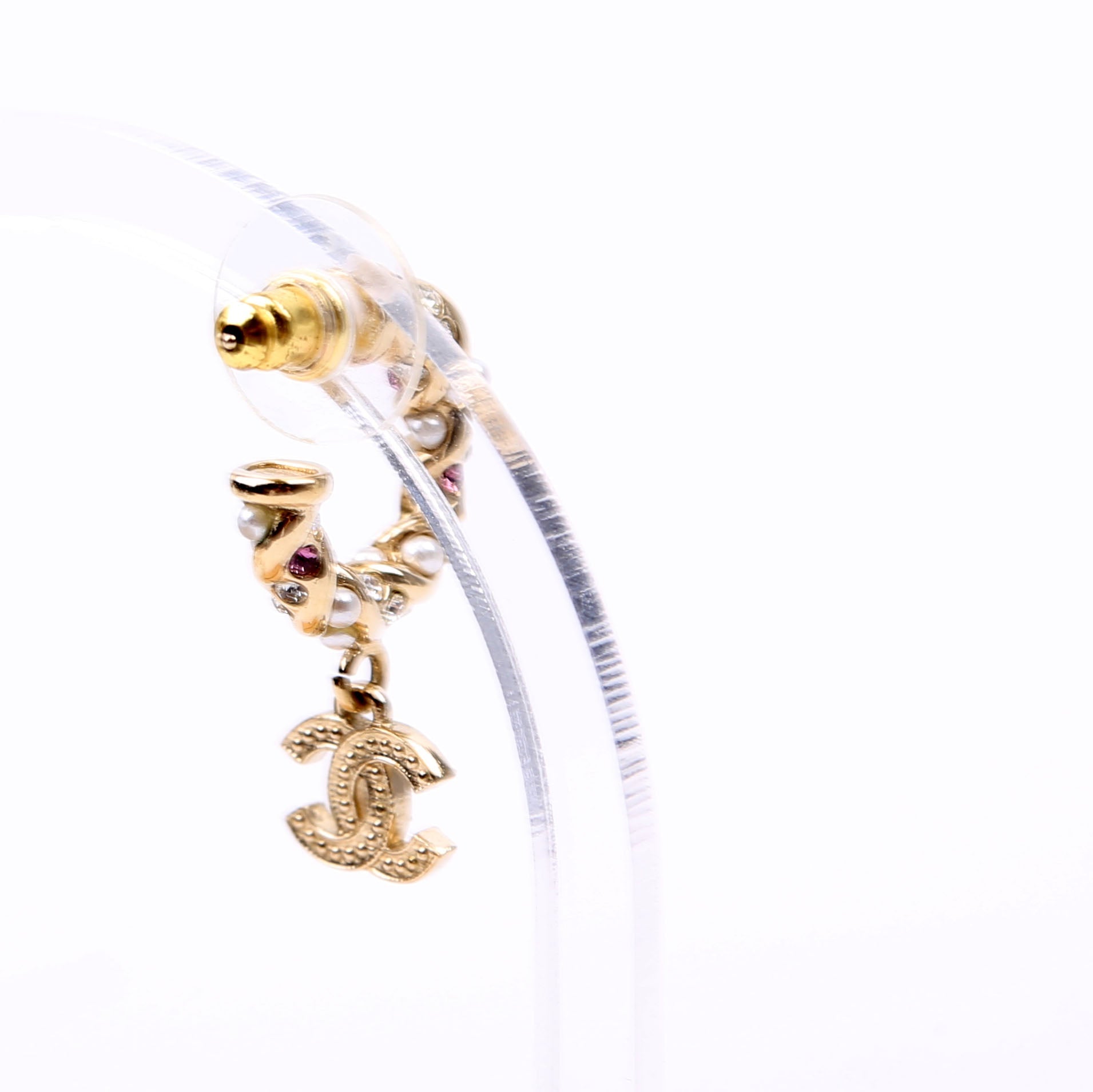 CC Crystal/Pearl Rope Small Hoop Earrings Gold/Pearl