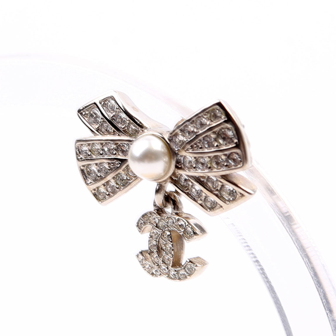 Crystal Bow CC Drop Small Earrings Silver