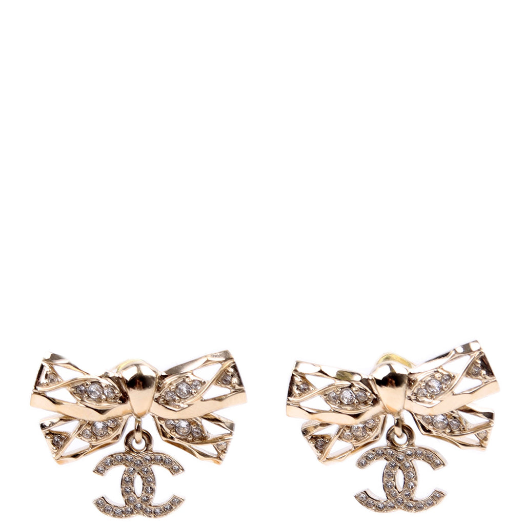 Crystal Bow CC Drop Earrings Gold
