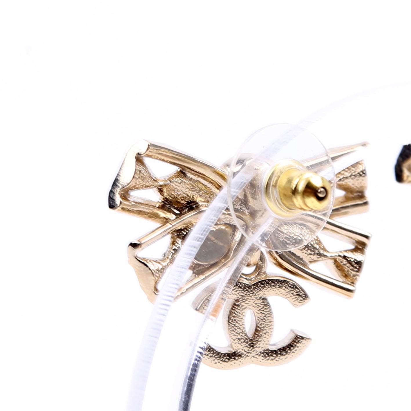 Crystal Bow CC Drop Earrings Gold