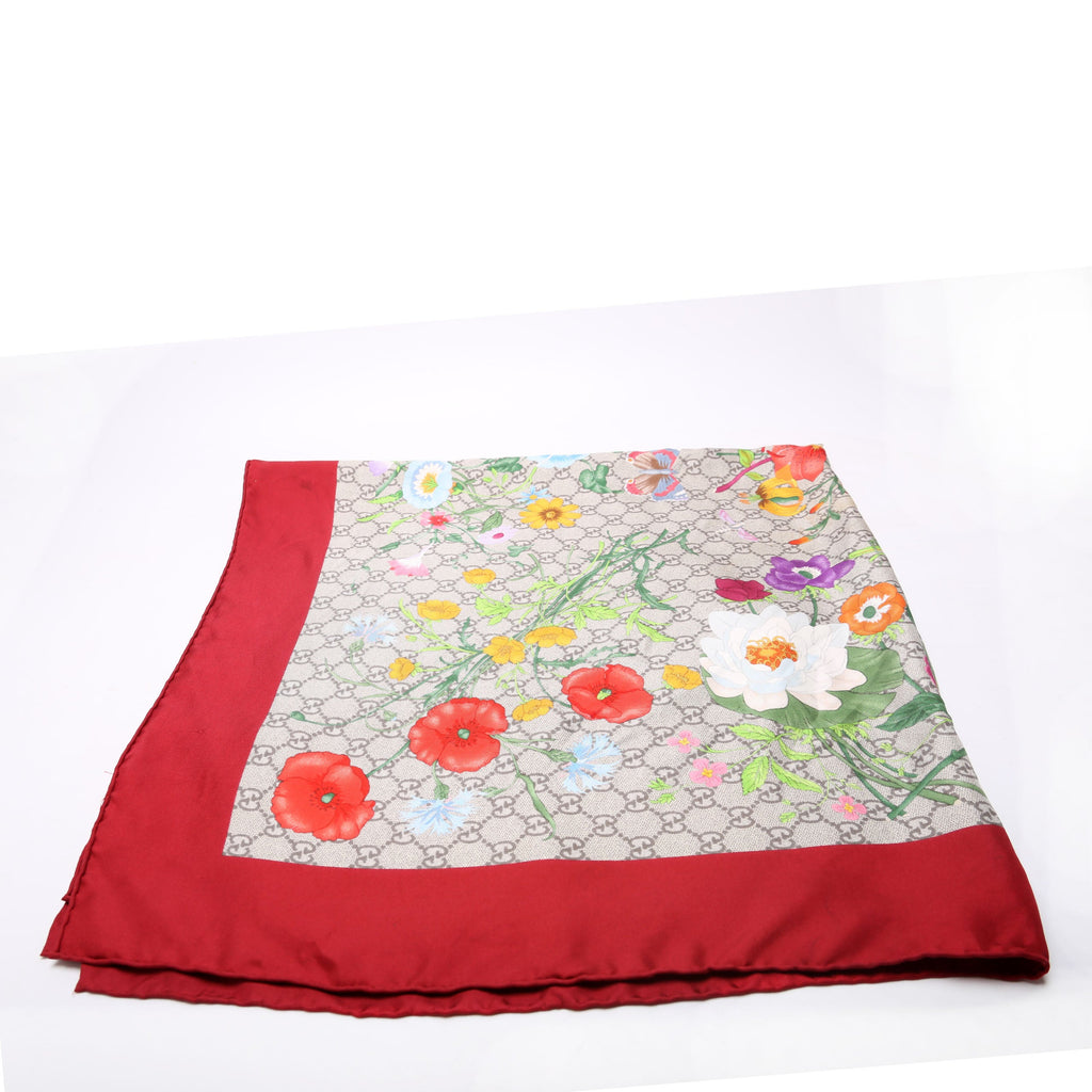 Square Flora Silk Scarf Red/Beige