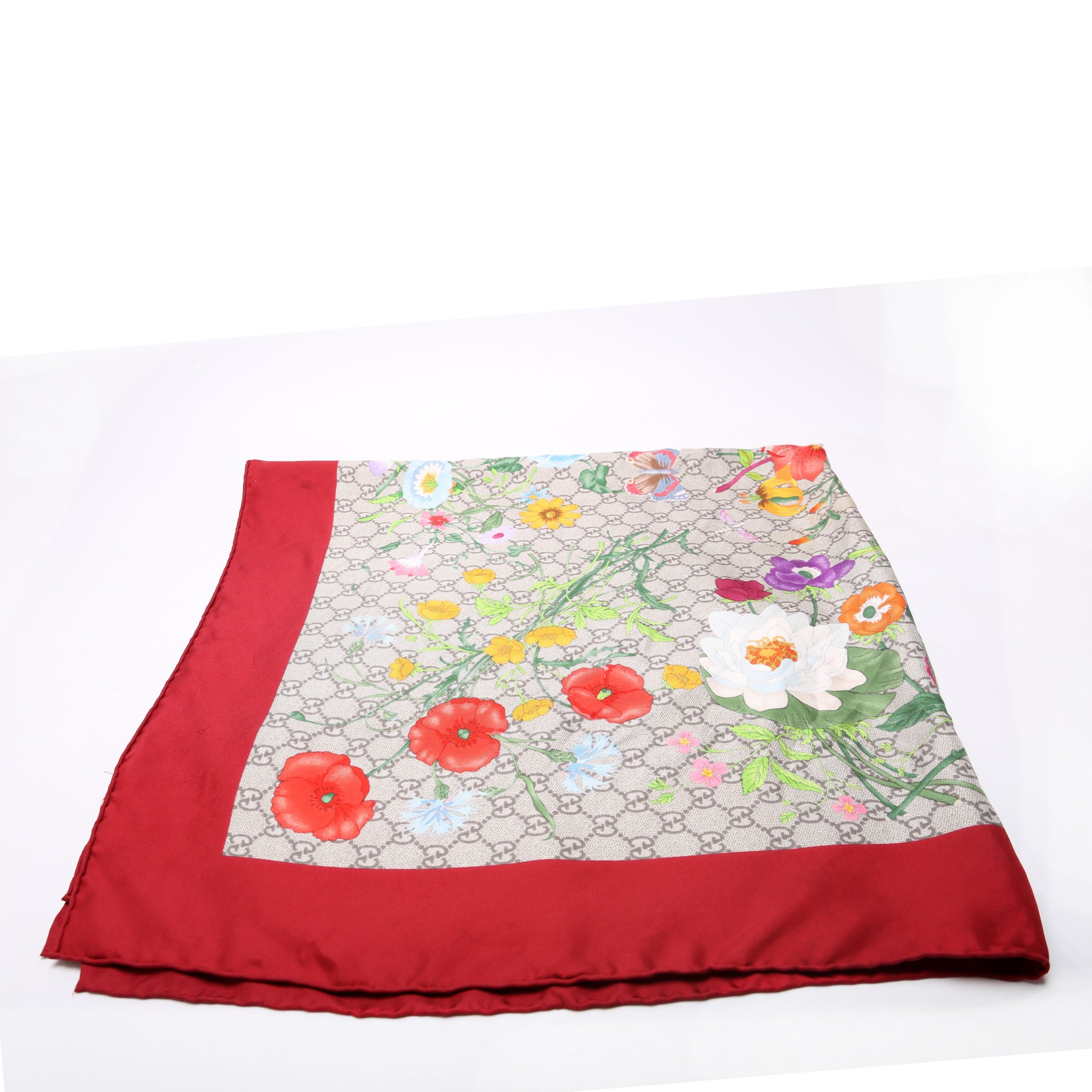 Square Flora Silk Scarf Red/Beige