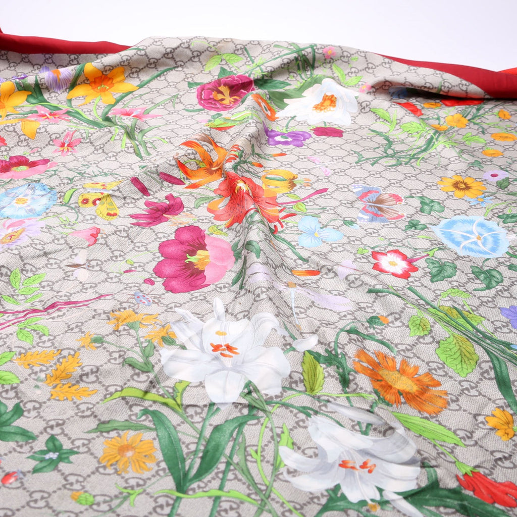 Square Flora Silk Scarf Red/Beige