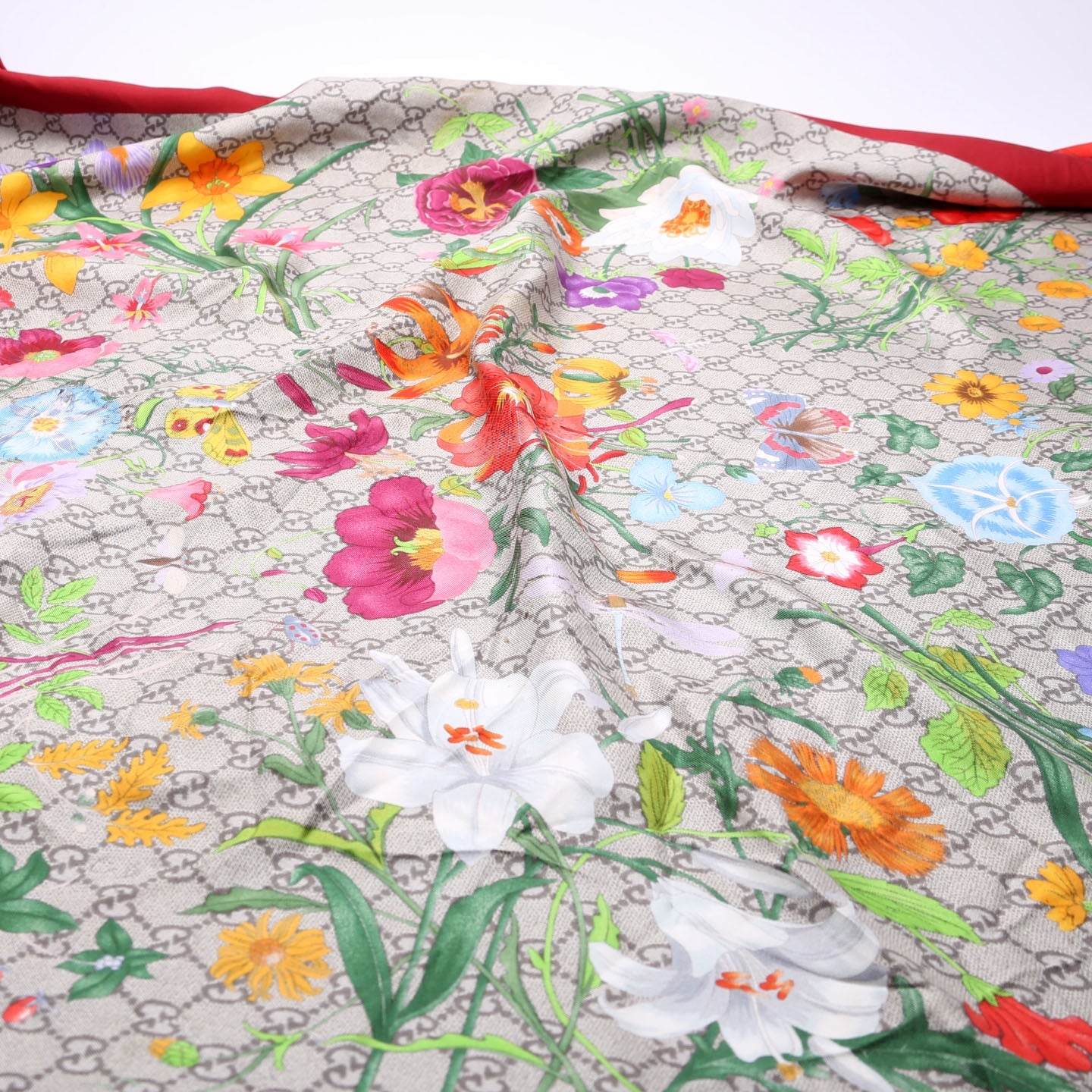 Square Flora Silk Scarf Red/Beige