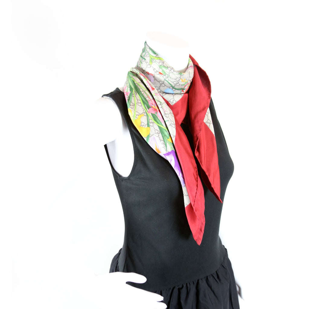 Square Flora Silk Scarf Red/Beige