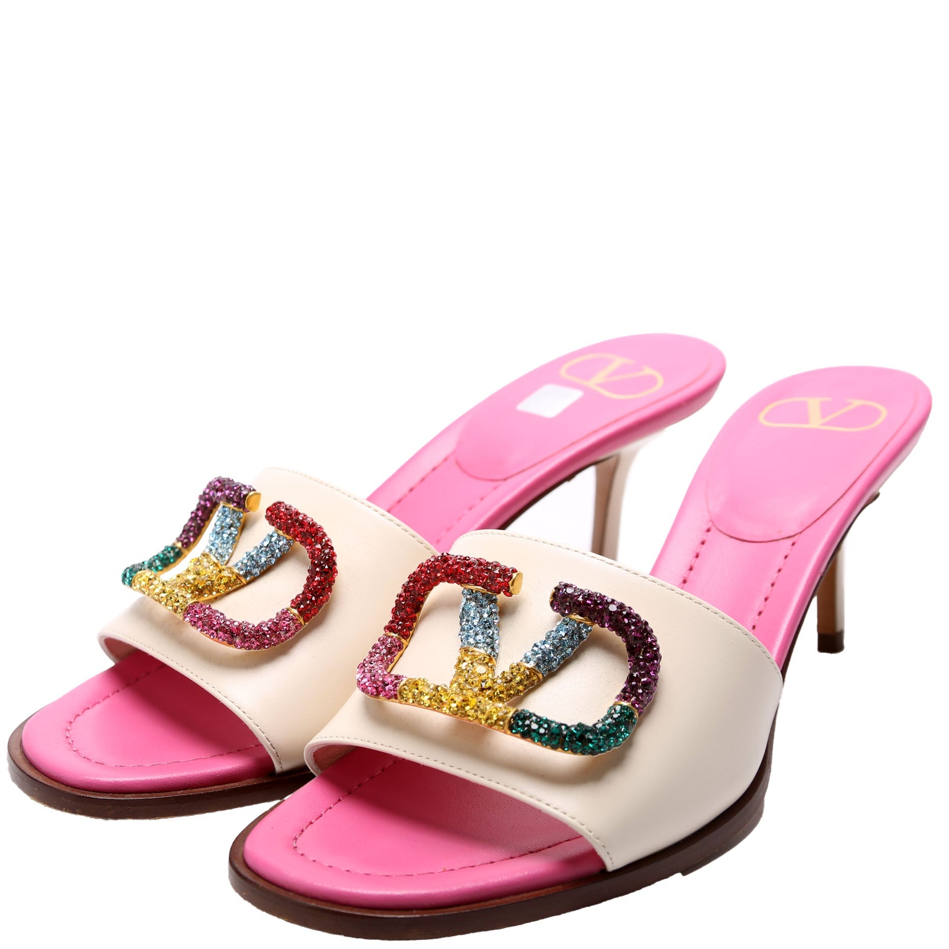 Crystal V Logo Kitten Heels Size 38 Pink/Cream