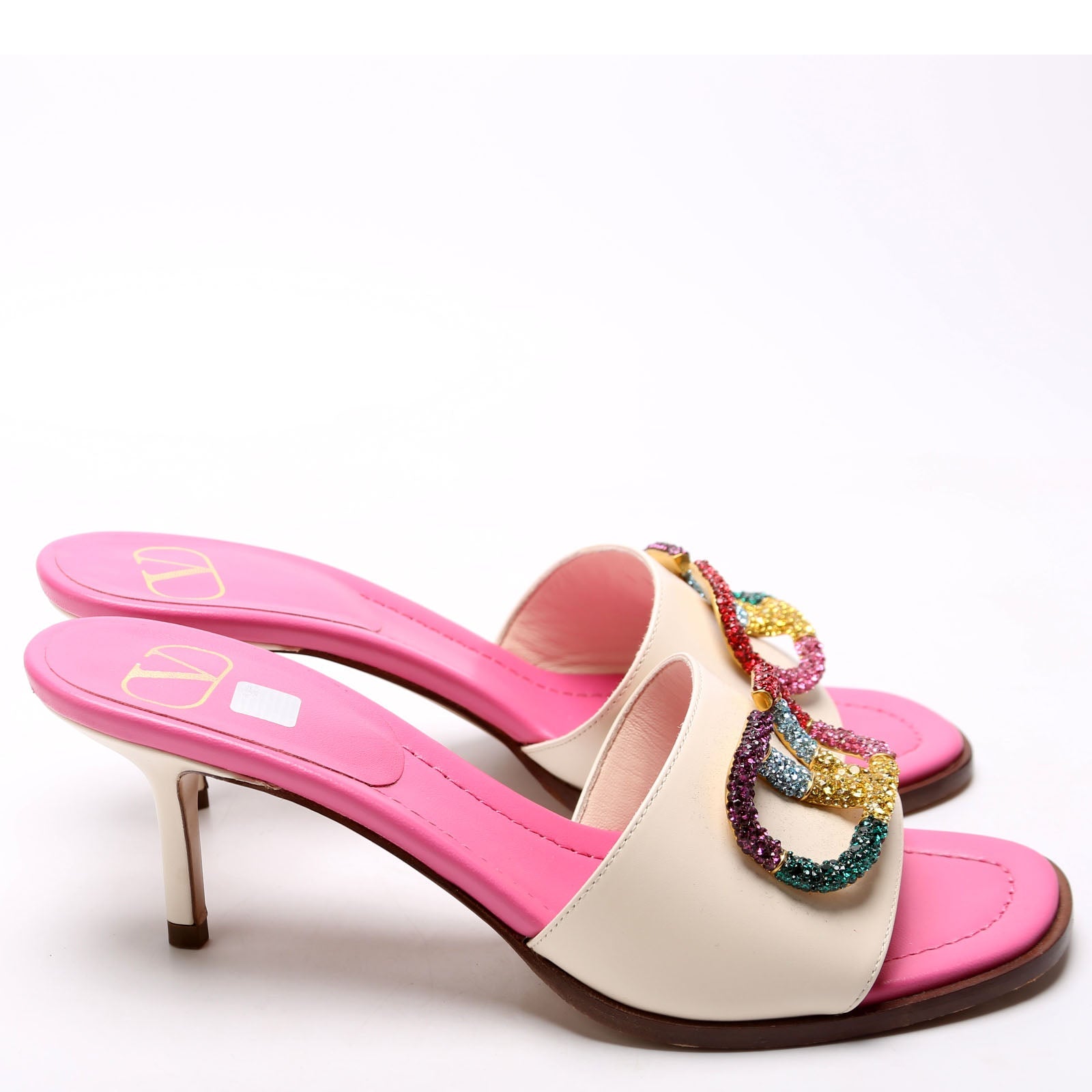 Crystal V Logo Kitten Heels Size 38 Pink/Cream