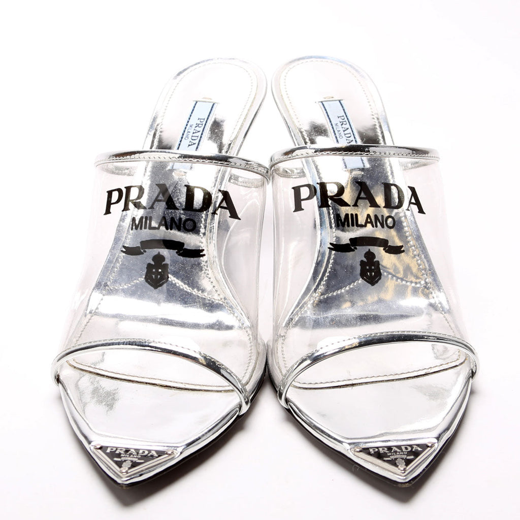 PVC Logo Heeled Mules Size 38.5 Silver