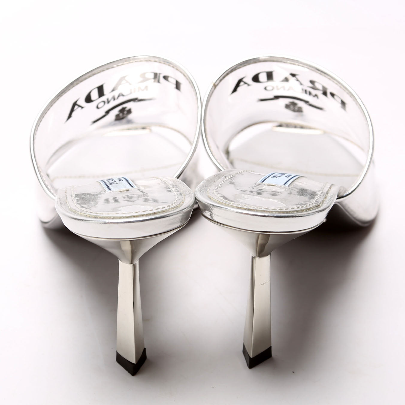 PVC Logo Heeled Mules Size 38.5 Silver
