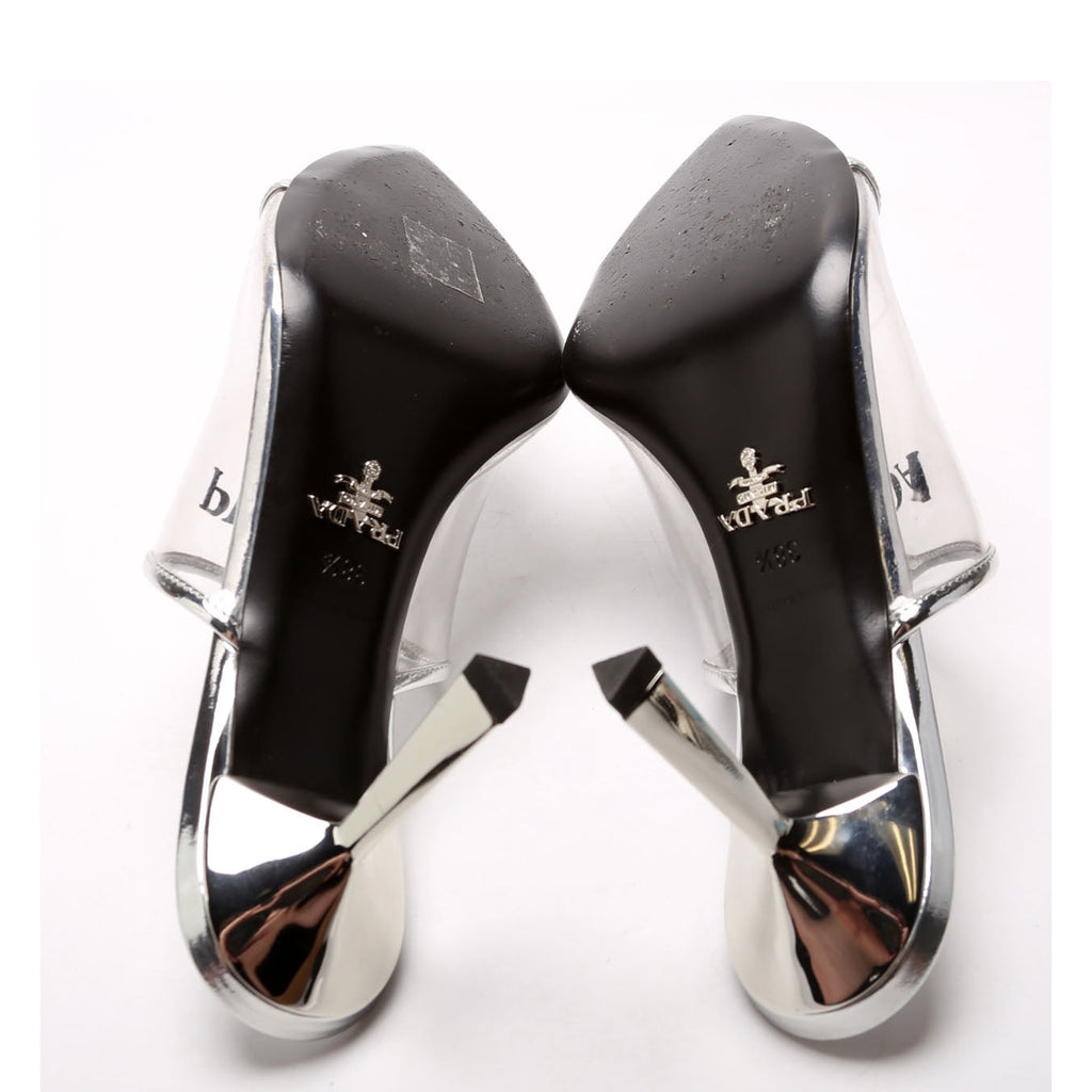 PVC Logo Heeled Mules Size 38.5 Silver