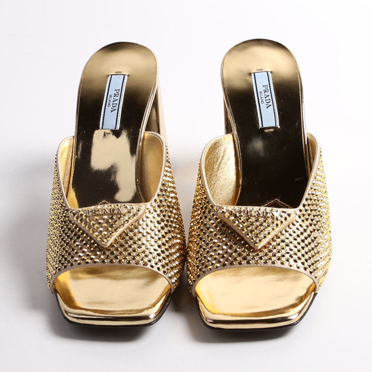 Triangle Logo Satin/Crystal 90MM Mules Size 37.5 Gold