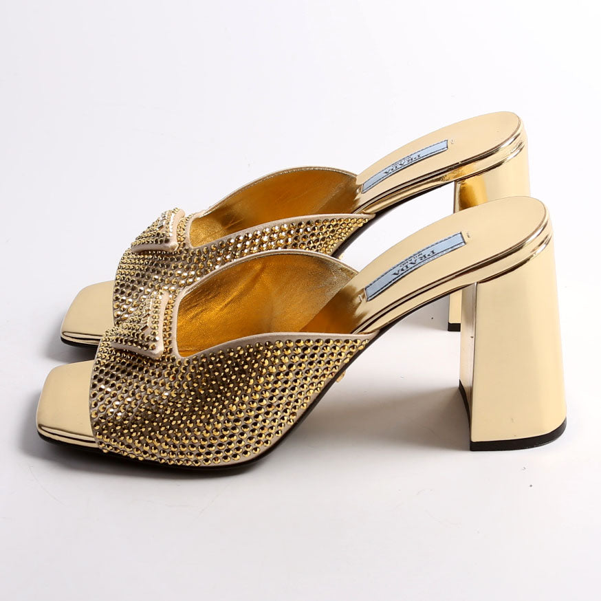 Triangle Logo Satin/Crystal 90MM Mules Size 37.5 Gold