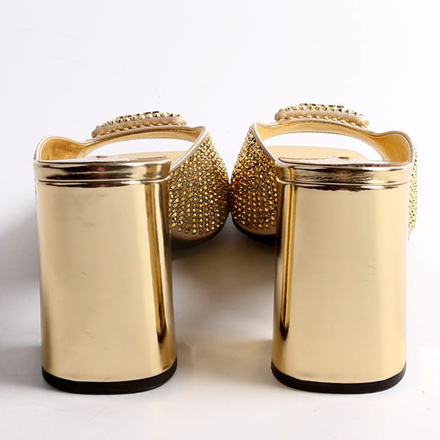 Triangle Logo Satin/Crystal 90MM Mules Size 37.5 Gold