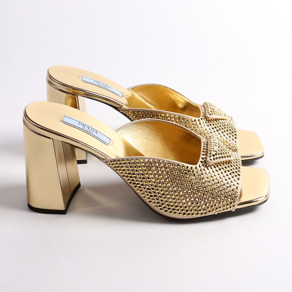 Triangle Logo Satin/Crystal 90MM Mules Size 37.5 Gold