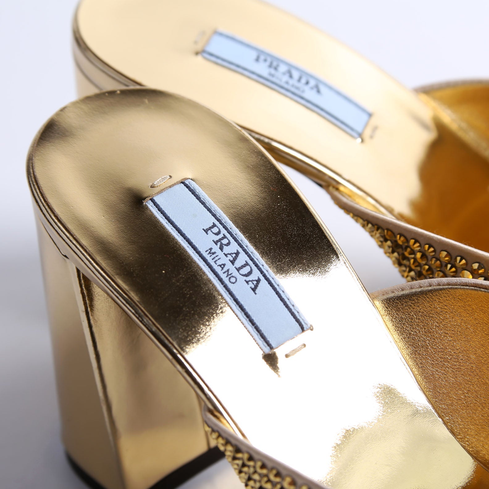 Triangle Logo Satin/Crystal 90MM Mules Size 37.5 Gold