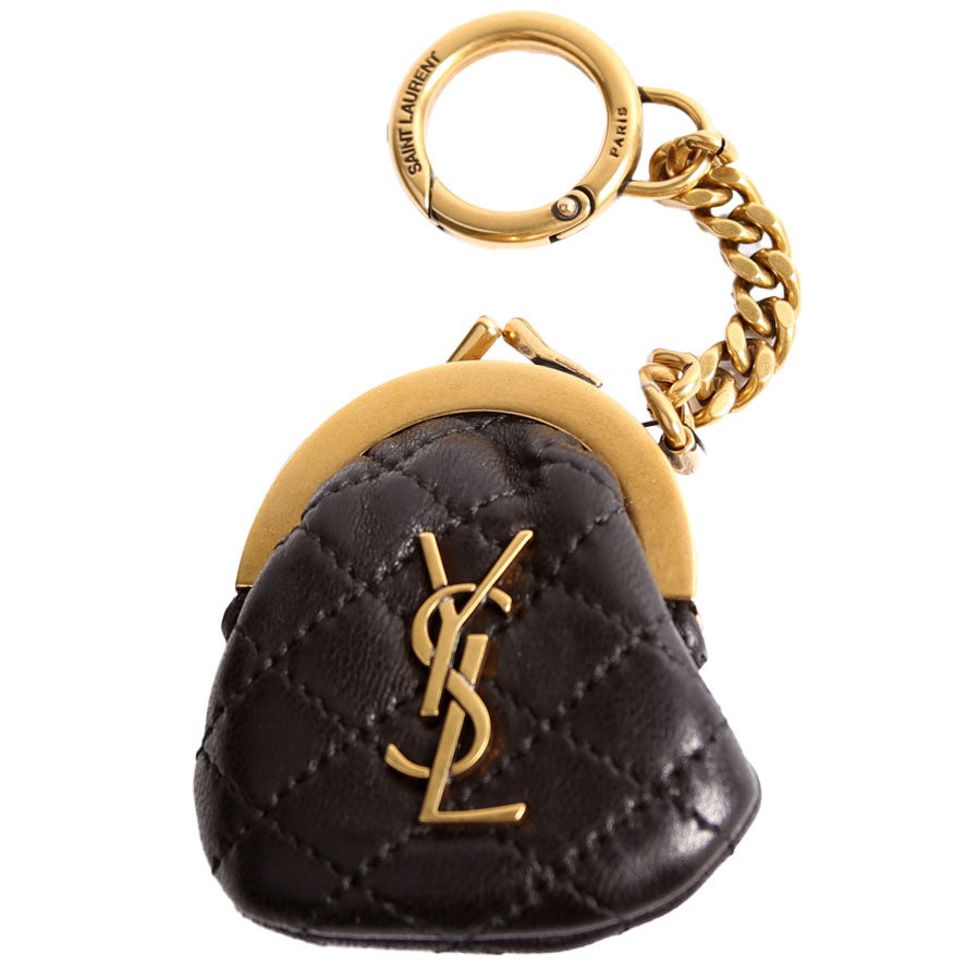 757157 Quilted Leather Gaby Mini Coin Key Ring Black/Gold