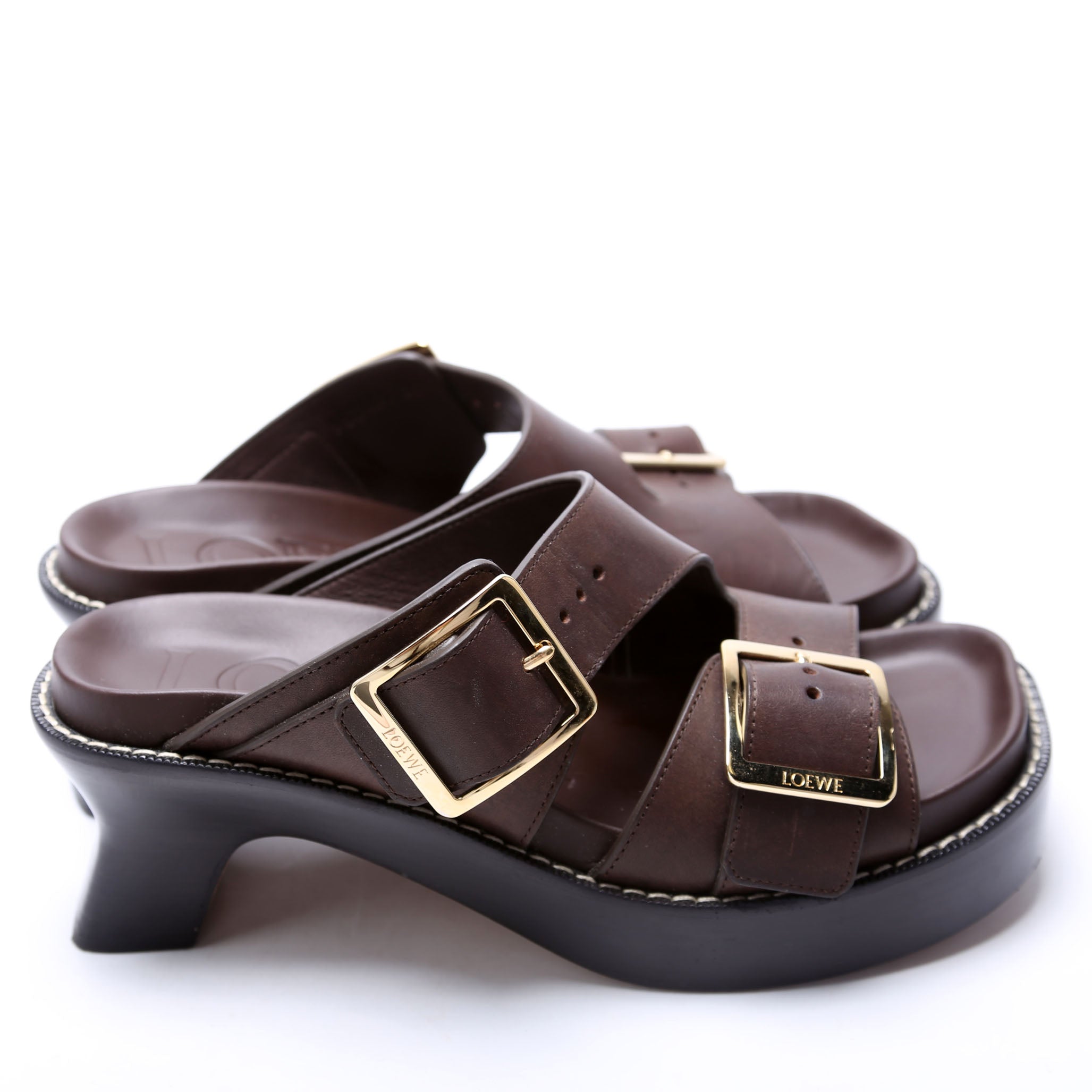 Ease Buckled Leather Heeled Sandals Size 39 Brown