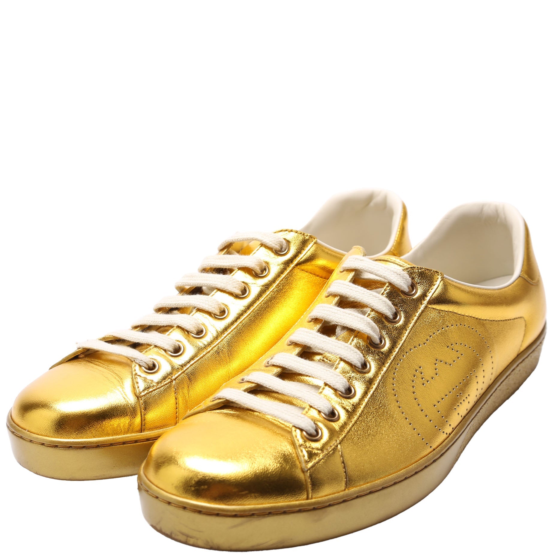 Gucci Ace Interlocking G Metallic Leather Sneakers Size 8.5 Gold