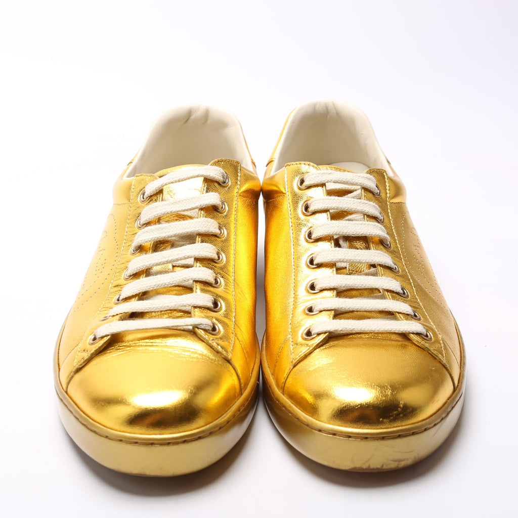 Gucci Ace Interlocking G Metallic Leather Sneakers Size 8.5 Gold