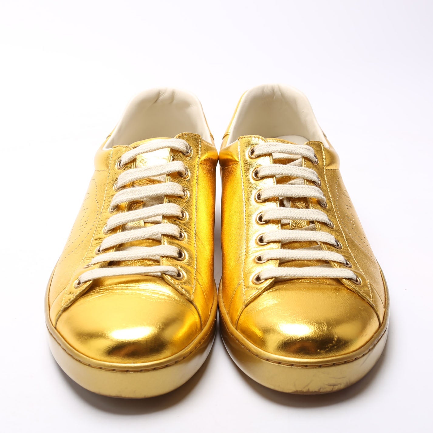 Gucci Ace Interlocking G Metallic Leather Sneakers Size 8.5 Gold