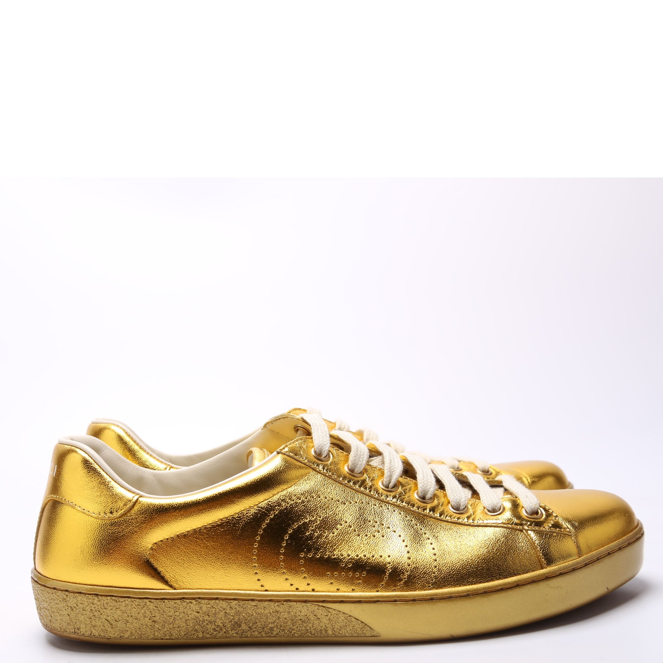 Gucci Ace Interlocking G Metallic Leather Sneakers Size 8.5 Gold