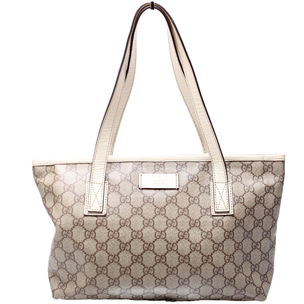 181086 GG Supreme Small Zip Tote Tan and White