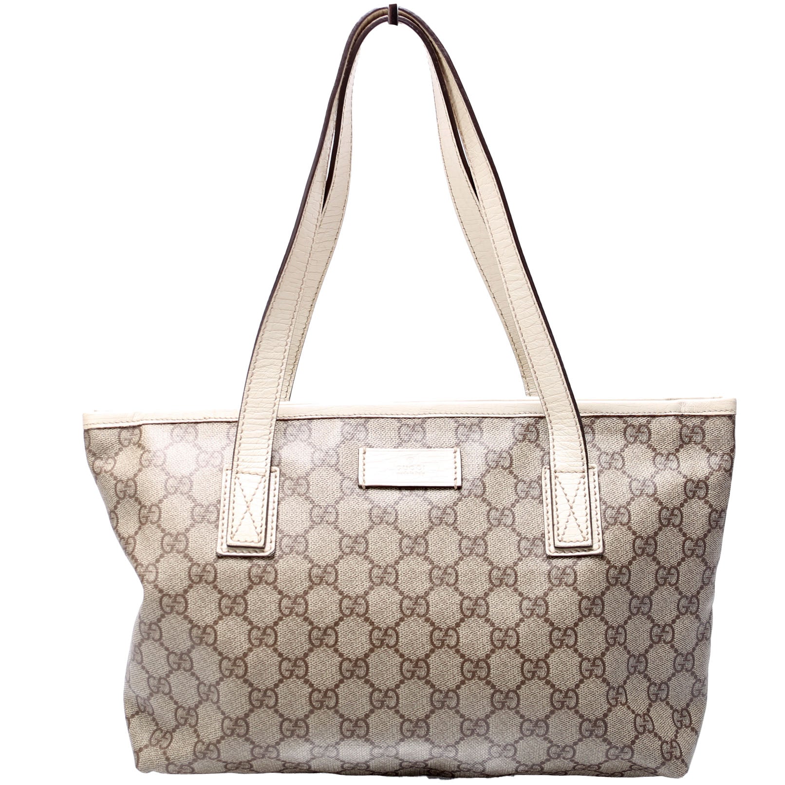 181086 GG Supreme Small Zip Tote Tan and White