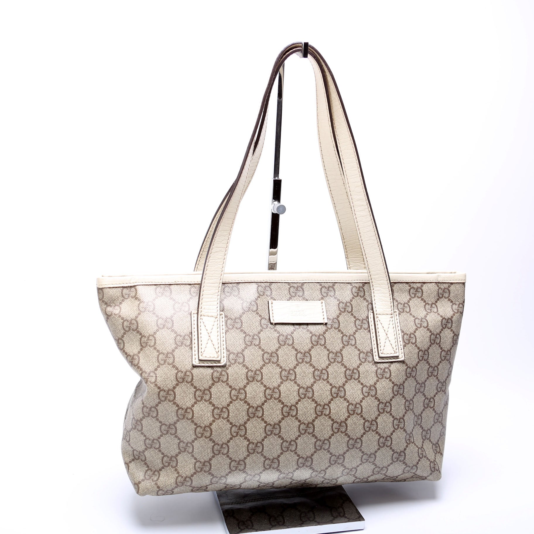 181086 GG Supreme Small Zip Tote Tan and White