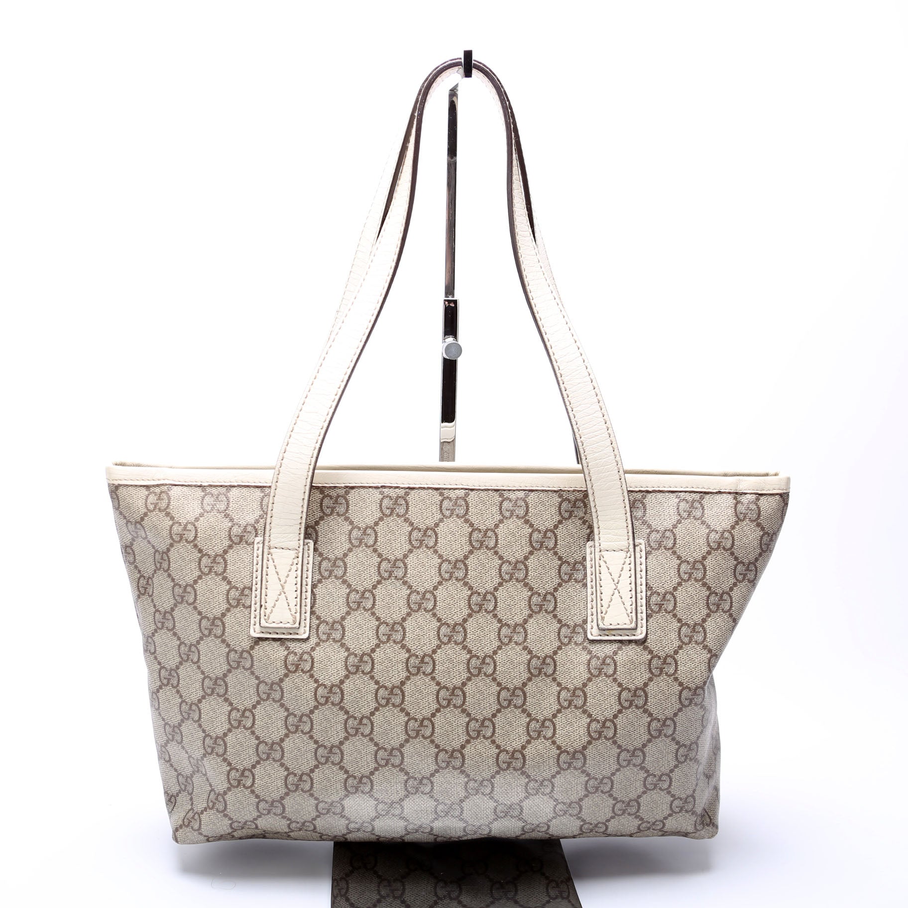 181086 GG Supreme Small Zip Tote Tan and White