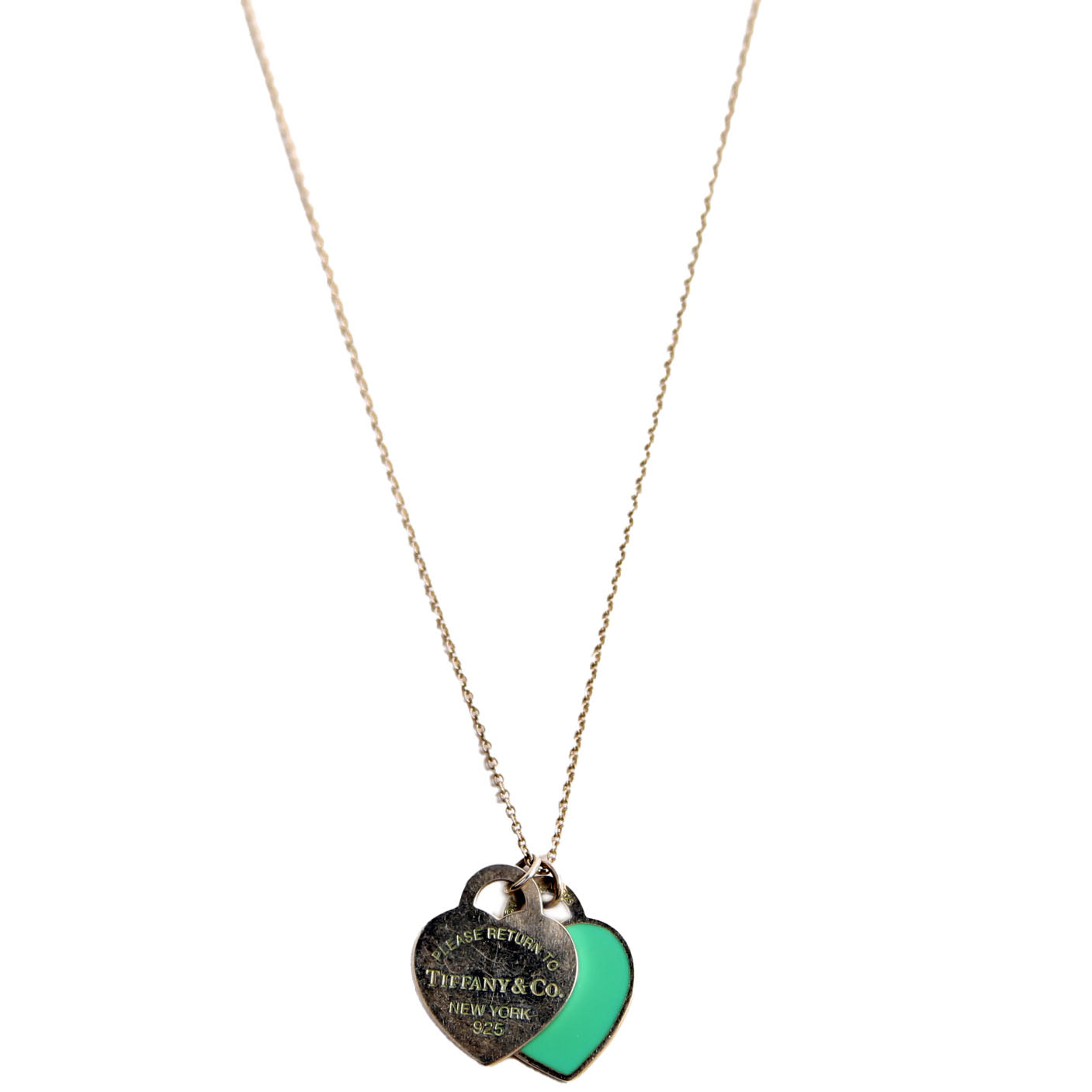 Please Return Small Double Enamel Heart Necklace 925/Teal