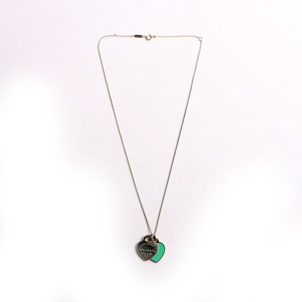 Please Return Small Double Enamel Heart Necklace 925/Teal