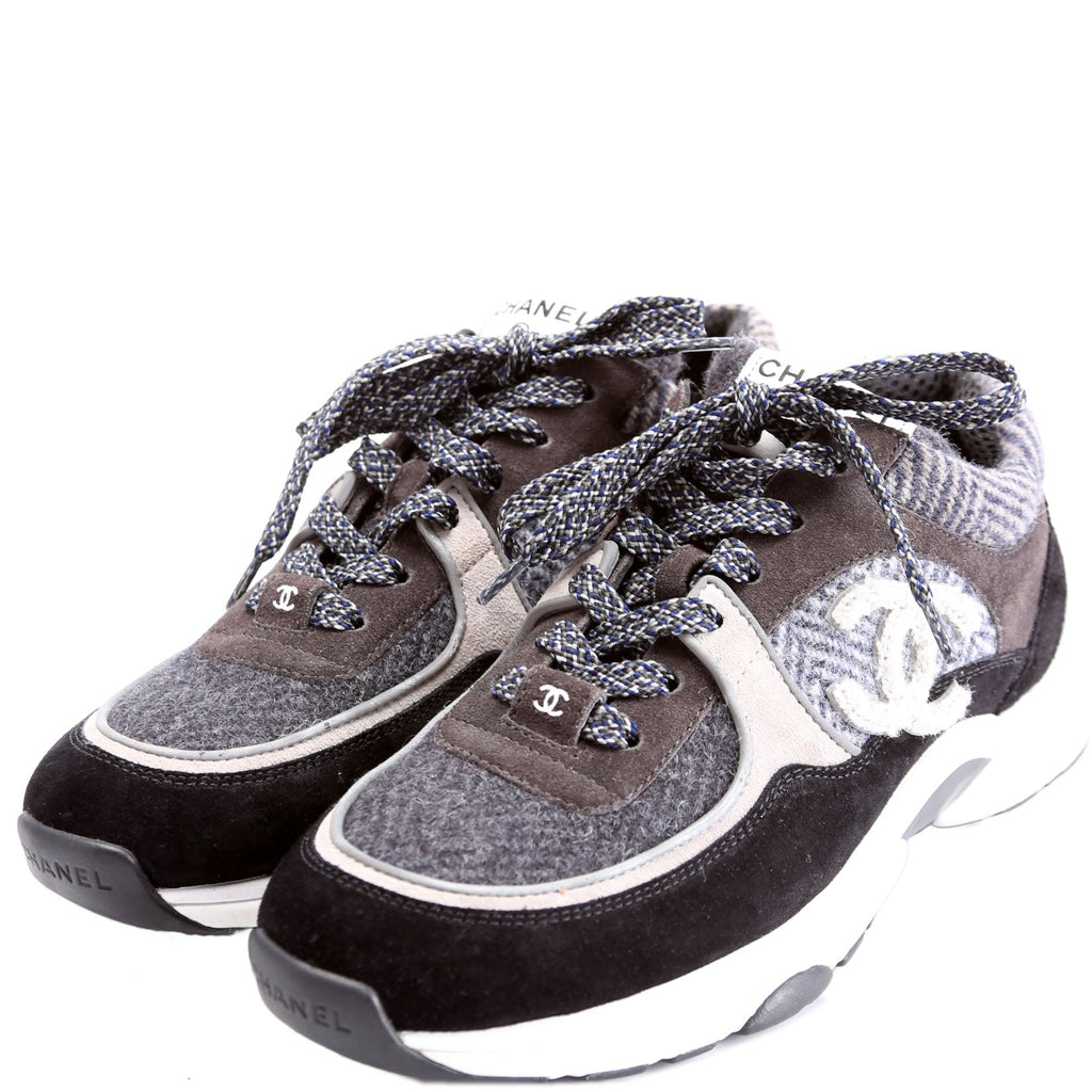 Tweed/Suede CC Trainers Size 38.5 Black/Gray/White