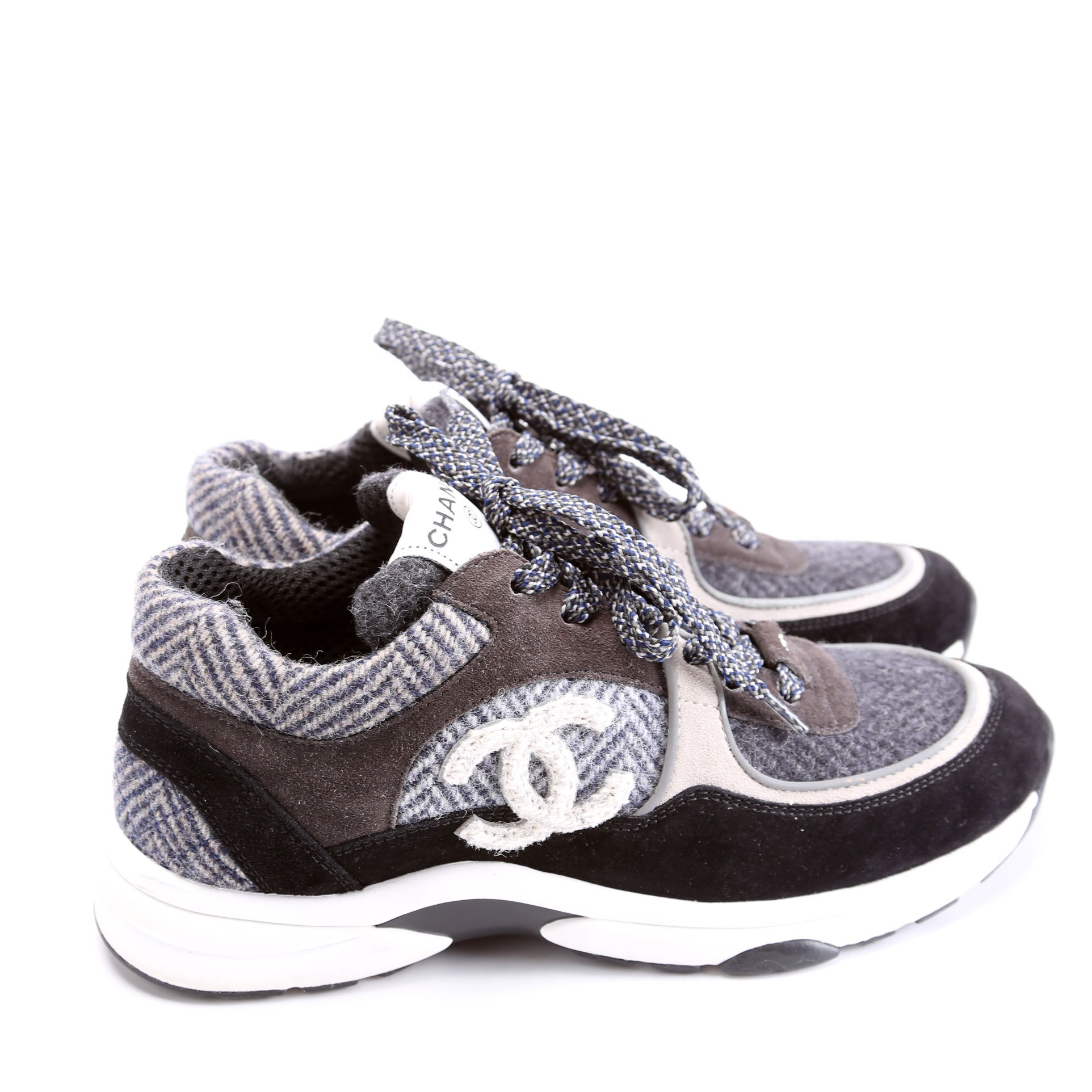 Tweed/Suede CC Trainers Size 38.5 Black/Gray/White