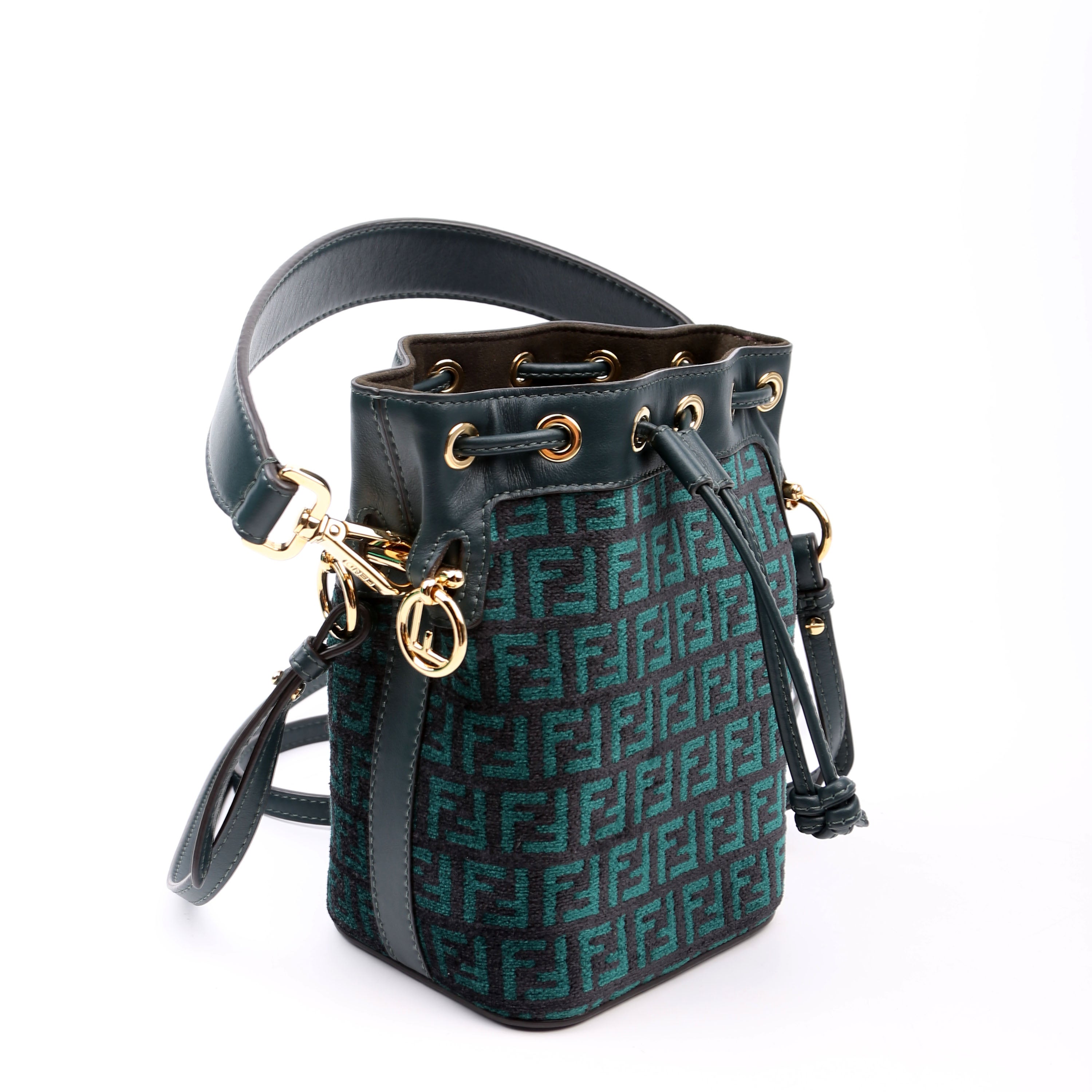 8BS010 Mon Tresor Mini Bucket Leather Canvas FF Green