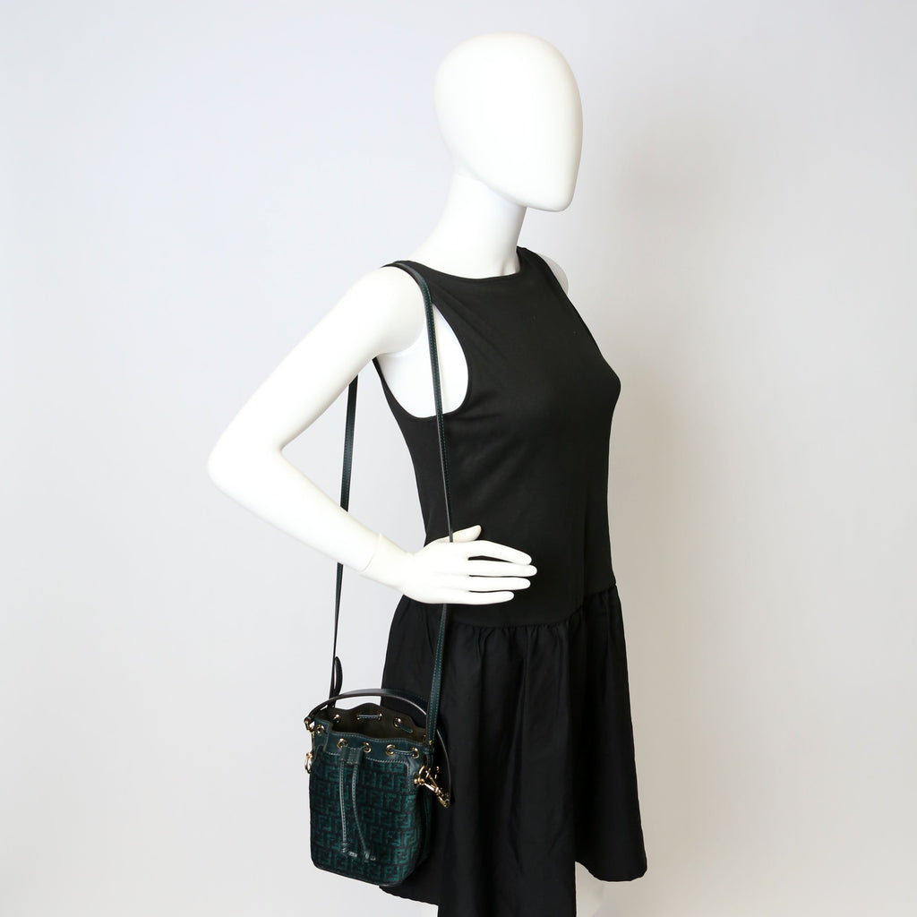 8BS010 Mon Tresor Mini Bucket Leather Canvas FF Green