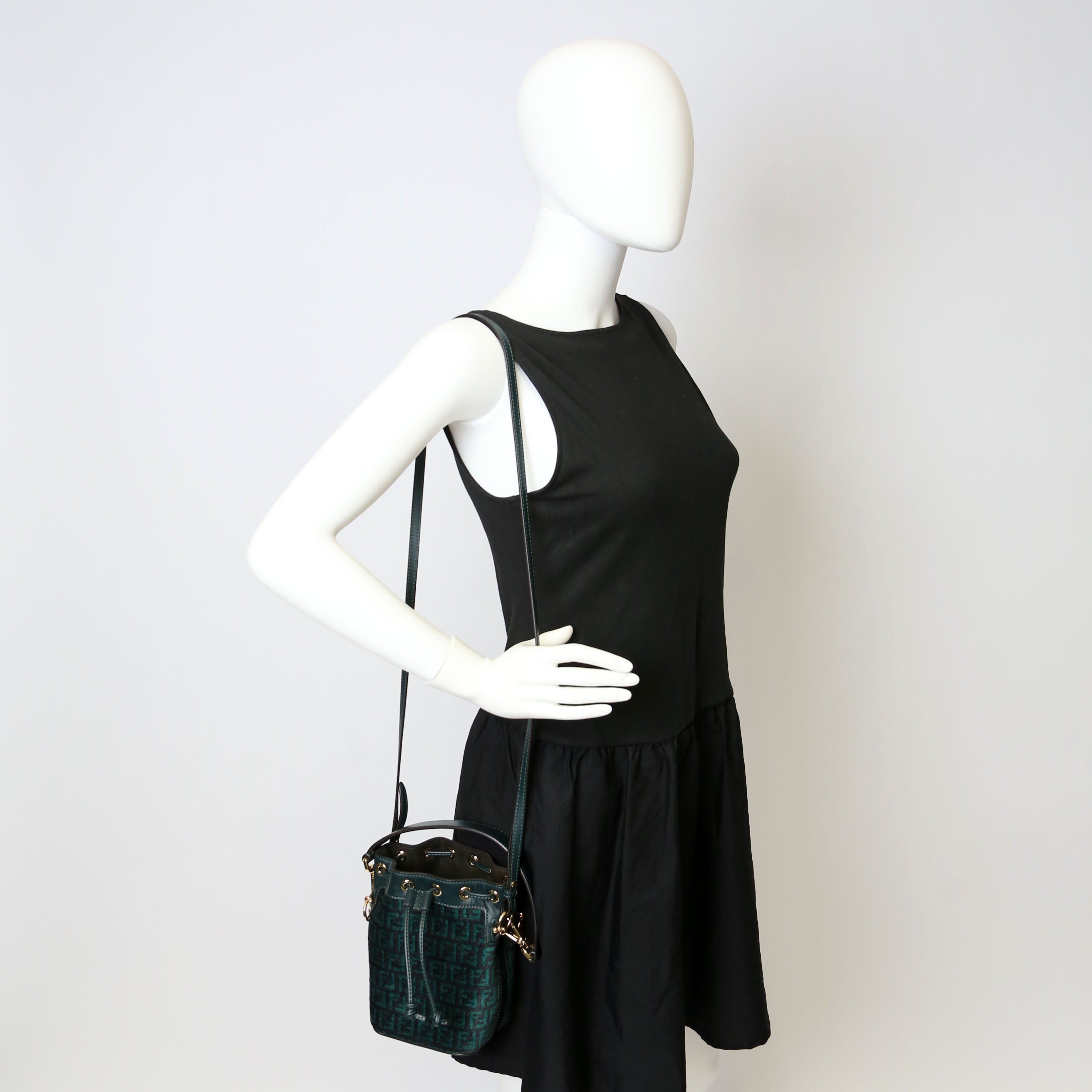 8BS010 Mon Tresor Mini Bucket Leather Canvas FF Green