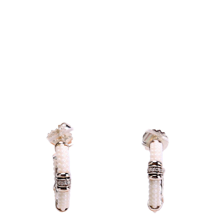 White Caviar/Ceramic Diamond Hoop Earrings Silver/White
