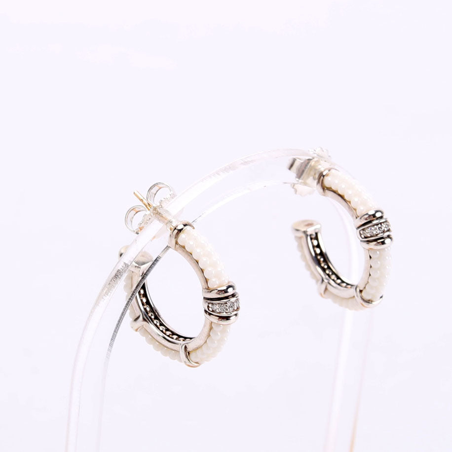 White Caviar/Ceramic Diamond Hoop Earrings Silver/White