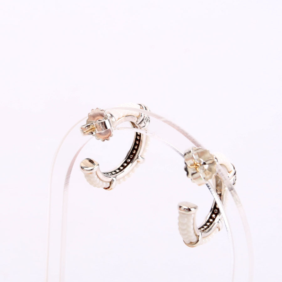 White Caviar/Ceramic Diamond Hoop Earrings Silver/White